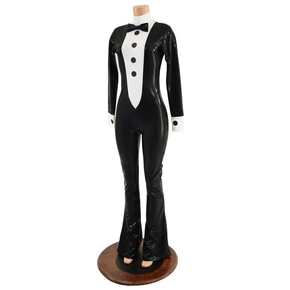 Mens or Womens Bootcut Faux Tuxedo Catsuit with Vinyl Buttons and Bow Tie - Coquetry Clothing