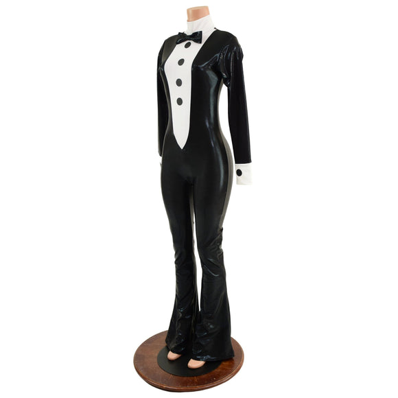 Mens or Womens Bootcut Faux Tuxedo Catsuit with Vinyl Buttons and Bow Tie - Coquetry Clothing