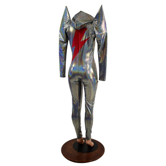 Mens or Womens Mega Sharp Shoulder Catsuit with Red Holo Bolt - Coquetry Clothing