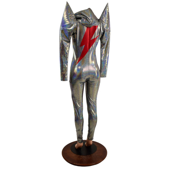 Mens or Womens Mega Sharp Shoulder Catsuit with Red Holo Bolt - Coquetry Clothing