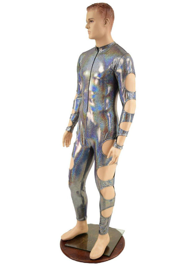 Mens Quad Cutout Catsuit in Silver Holographic - Coquetry Clothing