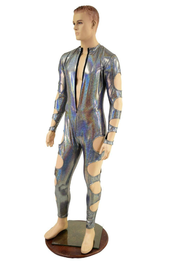 Mens Quad Cutout Catsuit in Silver Holographic - Coquetry Clothing