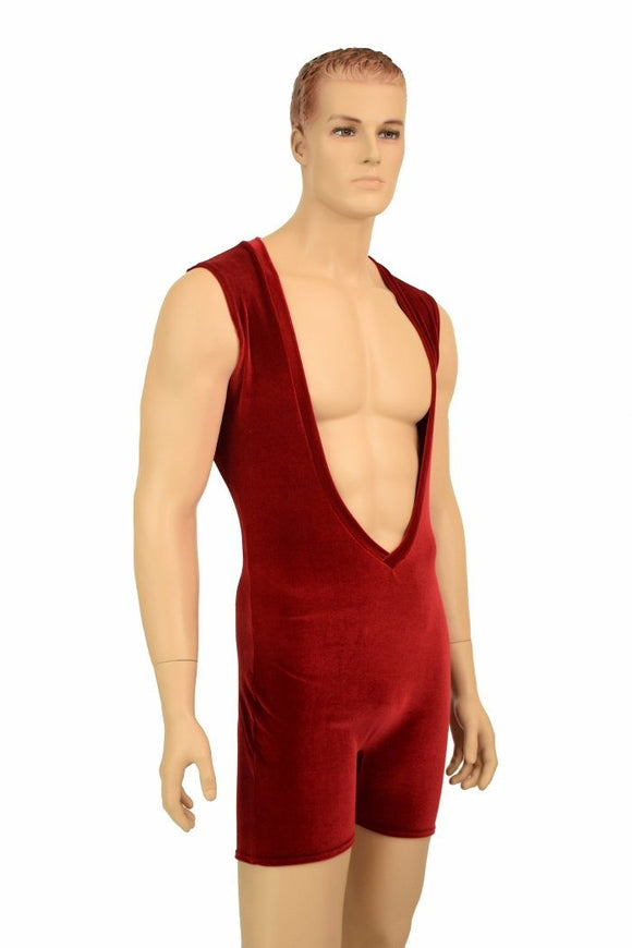 Mens Red Velvet Deep Bro V Romper - Coquetry Clothing