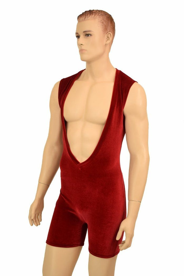 Mens Red Velvet Deep Bro V Romper - 5
