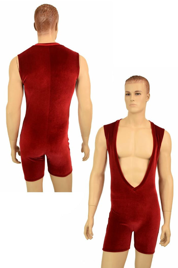 Mens Red Velvet Deep Bro V Romper - 1