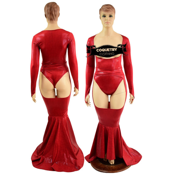 Mermaid Cut Chap Skirt and Open Bust Brazilian Romper with Finger loops Set - Coquetry Clothing