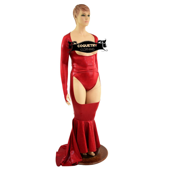 Mermaid Cut Chap Skirt and Open Bust Brazilian Romper with Finger loops Set - Coquetry Clothing