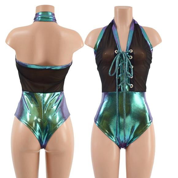 Mesh & Metallic Sheer Bella Romper with Brazilian Cut - Coquetry Clothing