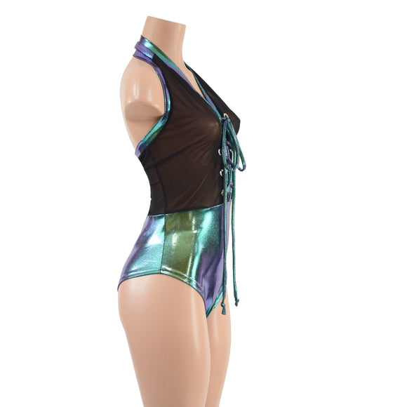 Mesh & Metallic Sheer Bella Romper with Brazilian Cut - Coquetry Clothing