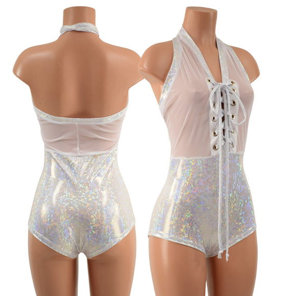 Mesh & Metallic Sheer Bella Romper with Siren Cut Leg - Coquetry Clothing