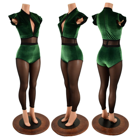 Green Velvet Keyhole & Mesh Catsuit with Mesh Legs - Coquetry Clothing
