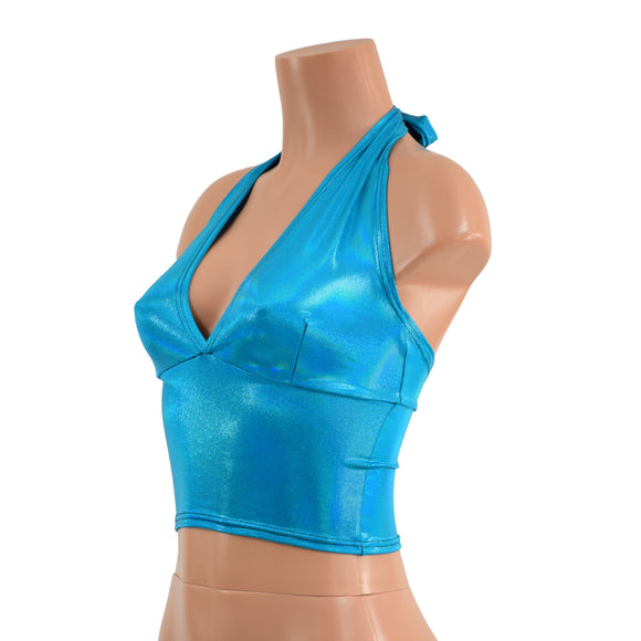 Midi Length Tie Back Halter in Peacock Holographic - Coquetry Clothing