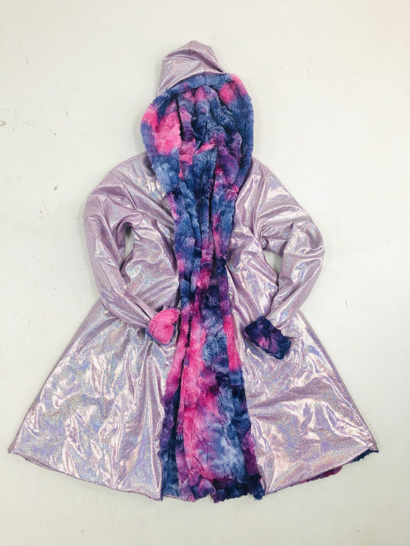Minky A Line Coat in Razzle Dazzle and Lilac Holographic - Coquetry Clothing