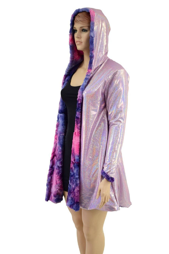 Minky A Line Coat in Razzle Dazzle and Lilac Holographic - Coquetry Clothing
