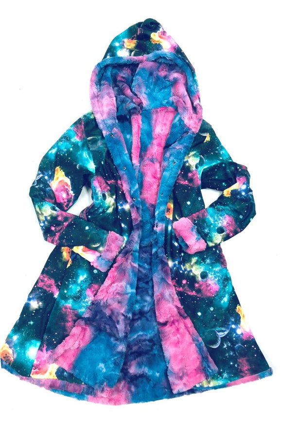 Minky A Line Reversible Coat in Razzle Dazzle and Galaxy - Coquetry Clothing