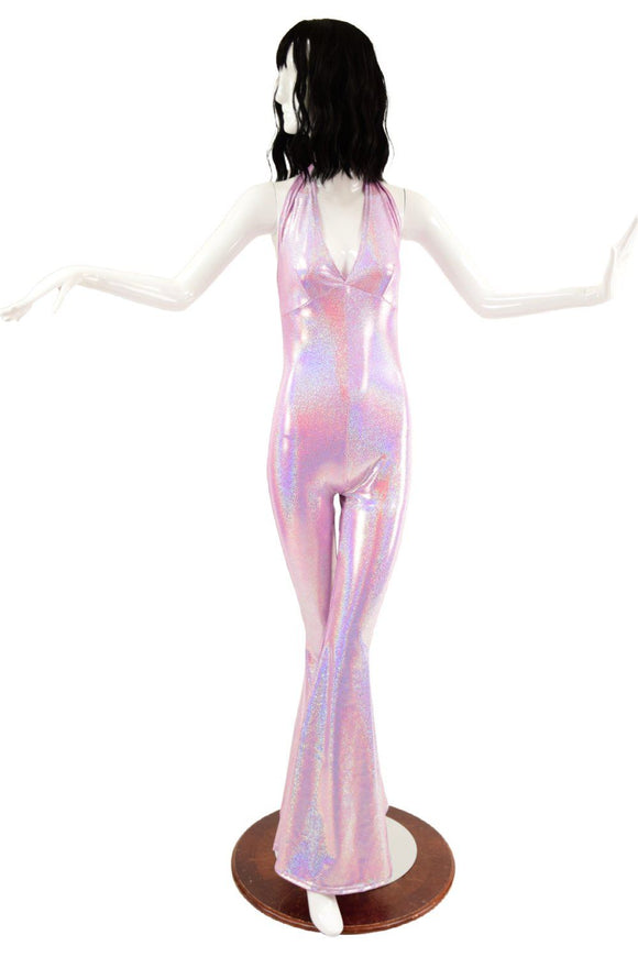 Monroe Halter Catsuit with Solar Flare Leg in Lilac Holographic - Coquetry Clothing