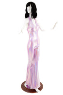 Monroe Halter Catsuit with Solar Flare Leg in Lilac Holographic - Coquetry Clothing