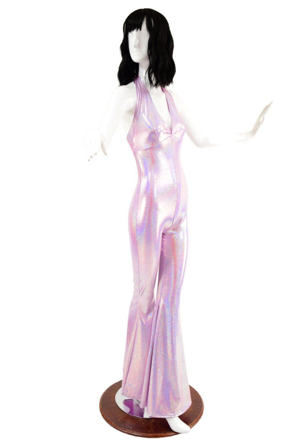 Monroe Halter Catsuit with Solar Flare Leg in Lilac Holographic - Coquetry Clothing