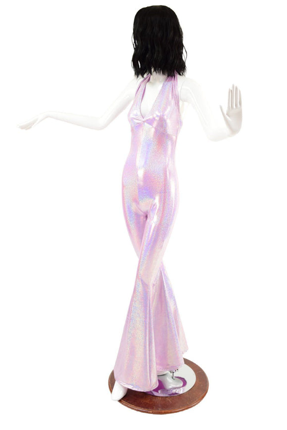 Monroe Halter Catsuit with Solar Flare Leg in Lilac Holographic - Coquetry Clothing