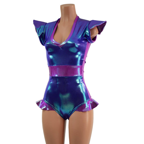 Moonstone and Plumeria Flip Sleeve Paneled Romper - Coquetry Clothing
