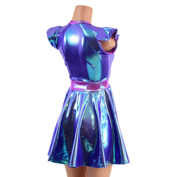 Moonstone Skater Dress with Flip Sleeves and Plumeria Accents - Coquetry Clothing