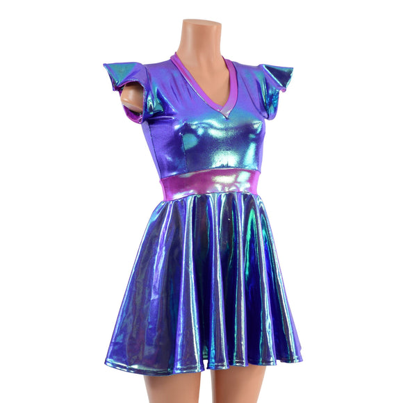 Moonstone Skater Dress with Flip Sleeves and Plumeria Accents - Coquetry Clothing