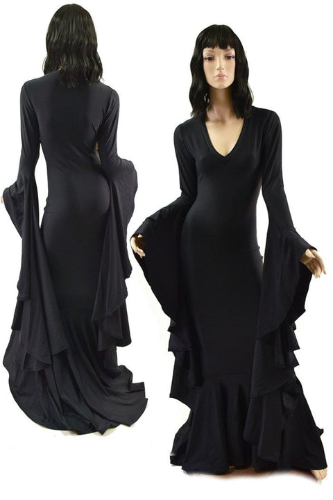 Black Zen Morticia Gown with V Neckline & Sorceress Sleeves - Coquetry Clothing