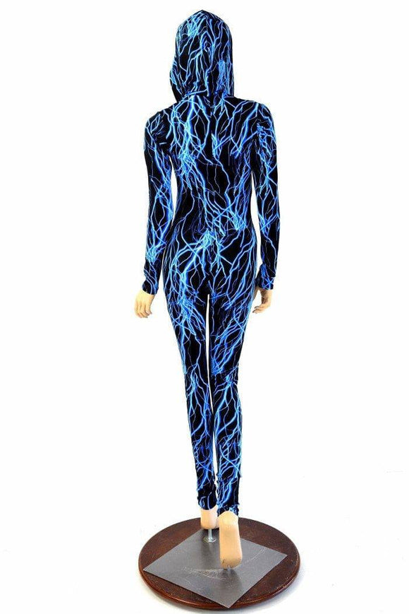 Neon Blue Lightning Hooded Catsuit - Coquetry Clothing