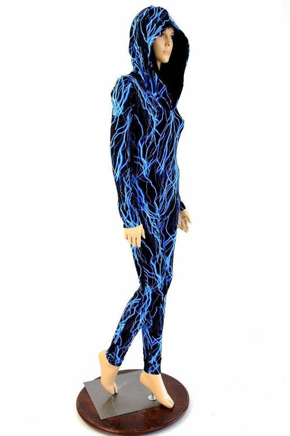 Neon Blue Lightning Hooded Catsuit - Coquetry Clothing