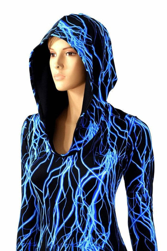 Neon Blue Lightning Hooded Catsuit - Coquetry Clothing