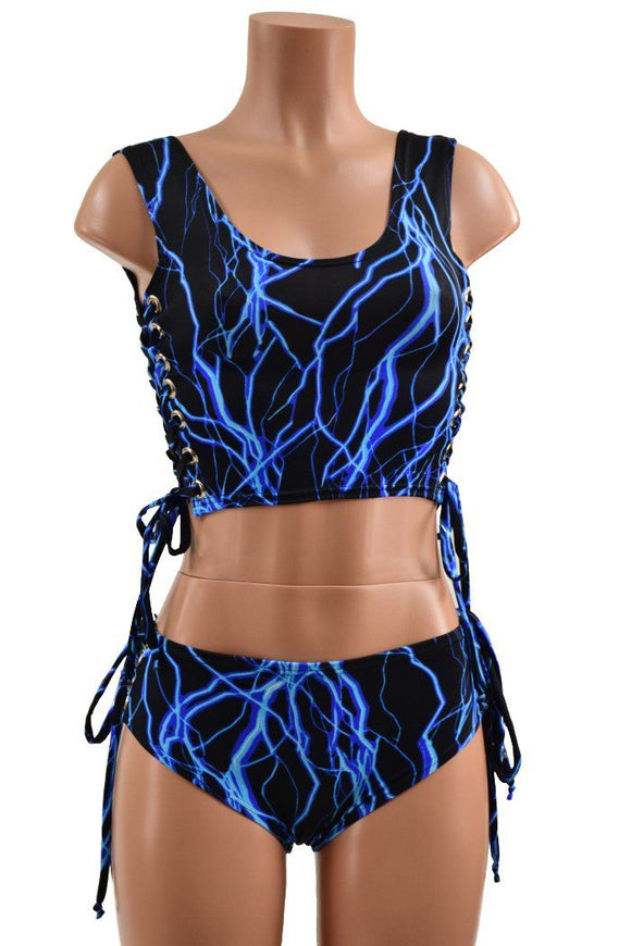 Neon Blue Lightning Lace Up Set - Coquetry Clothing