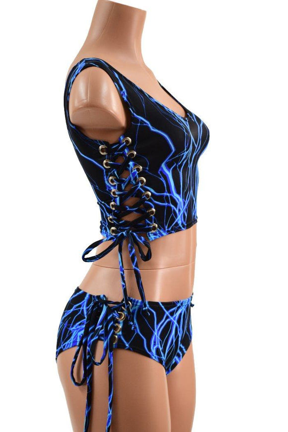 Neon Blue Lightning Lace Up Set - Coquetry Clothing
