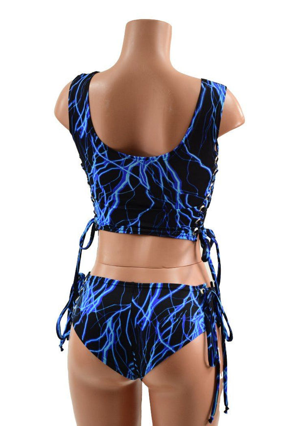 Neon Blue Lightning Lace Up Set - Coquetry Clothing
