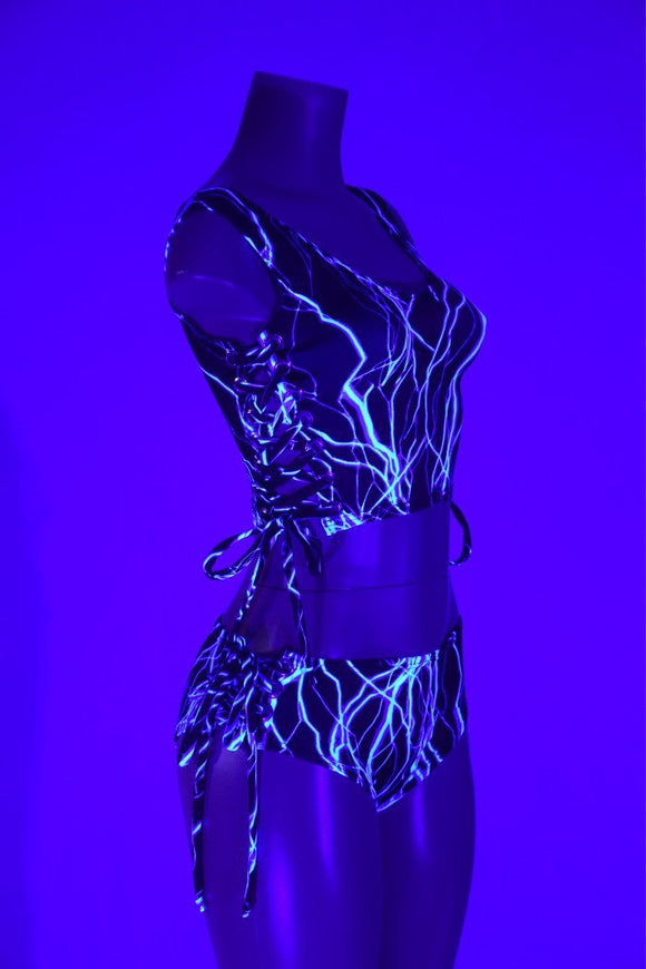 Neon Blue Lightning Lace Up Set - Coquetry Clothing