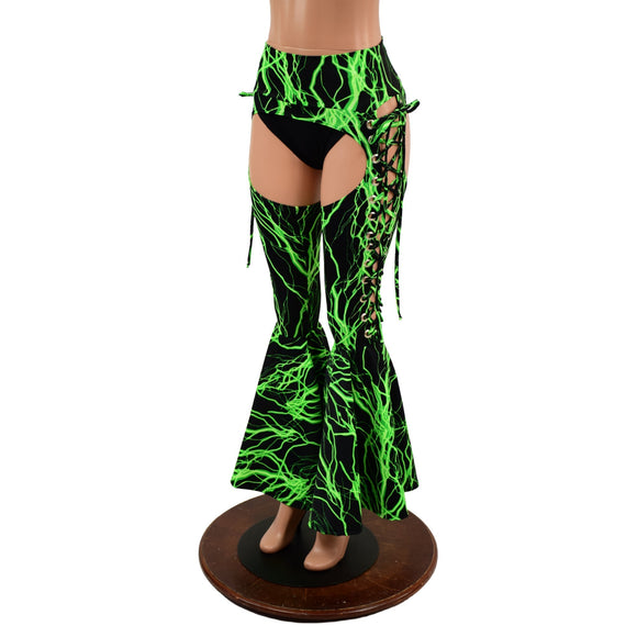 Neon Green Lightning Lace Up Bell Bottom Chaps - Coquetry Clothing