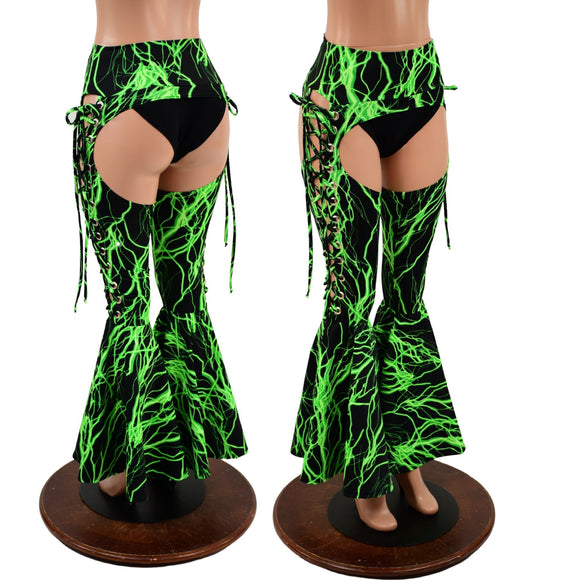 Neon Green Lightning Lace Up Bell Bottom Chaps - Coquetry Clothing