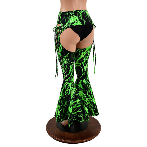 Neon Green Lightning Lace Up Bell Bottom Chaps - Coquetry Clothing