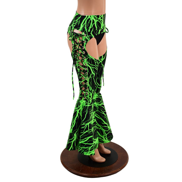 Neon Green Lightning Lace Up Bell Bottom Chaps - Coquetry Clothing