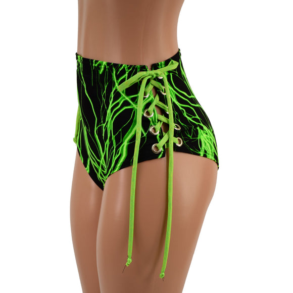 Neon Green Lightning Lace Up Siren Shorts - Coquetry Clothing