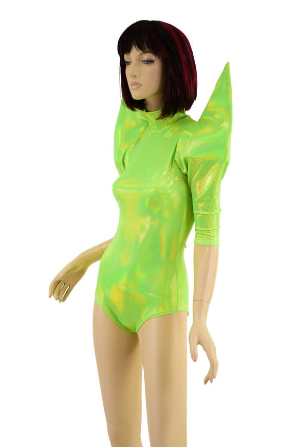 Neon Lime Holographic Mega Sharp Shoulder Romper - Coquetry Clothing