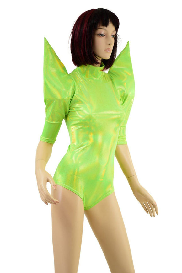 Neon Lime Holographic Mega Sharp Shoulder Romper - Coquetry Clothing