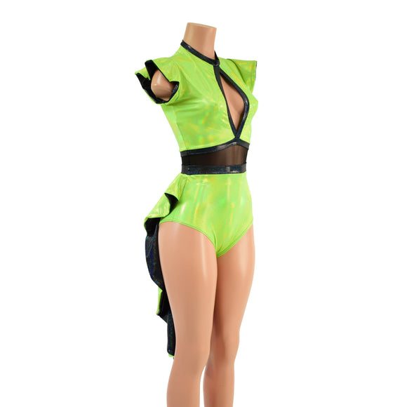 Neon Lime Holographic Tuxedo Back Romper - Coquetry Clothing