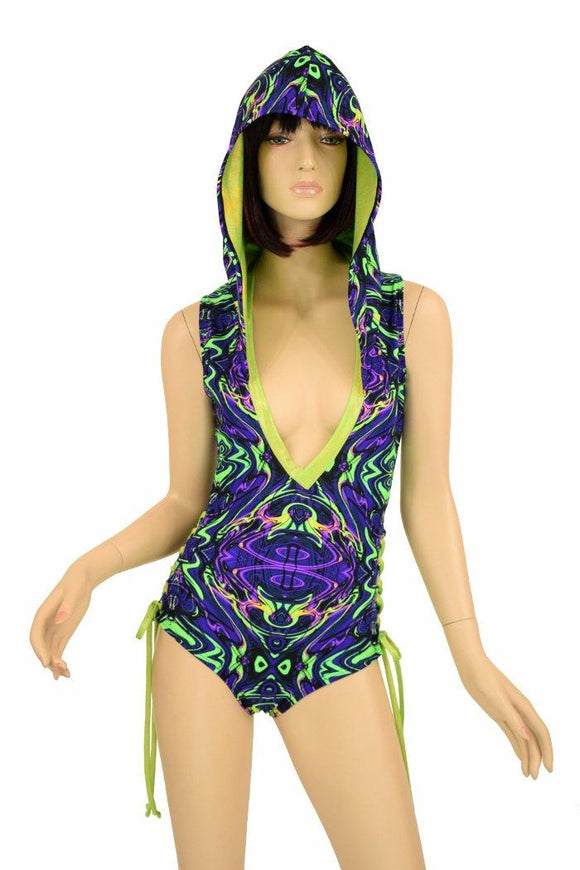 Neon Melt Plunging V Neck Hooded Romper - Coquetry Clothing