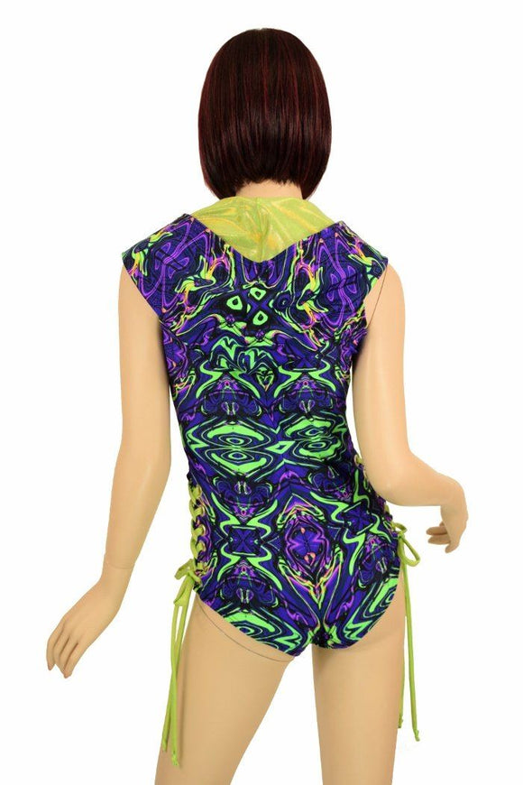 Neon Melt Plunging V Neck Hooded Romper - Coquetry Clothing