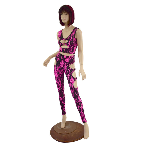 Neon O - Ring Leggings and Crop Top Set in Pink Lightning - Coquetry Clothing