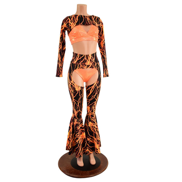 Neon Orange Lightning Chaps, Bolero, Starlette Bralette, and 2.0 Thong Set - Coquetry Clothing