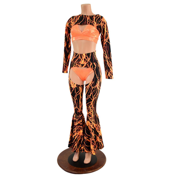 Neon Orange Lightning Chaps, Bolero, Starlette Bralette, and 2.0 Thong Set - Coquetry Clothing