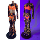 Neon Orange Lightning Chaps, Bolero, Starlette Bralette, and 2.0 Thong Set - Coquetry Clothing