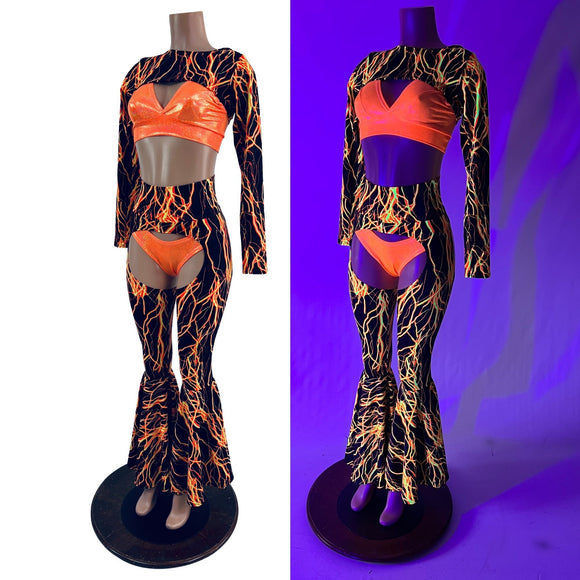 Neon Orange Lightning Chaps, Bolero, Starlette Bralette, and 2.0 Thong Set - Coquetry Clothing