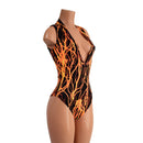 Neon Orange Lightning Plunging V Neck Romper with Brazilian Cut Leg - Coquetry Clothing